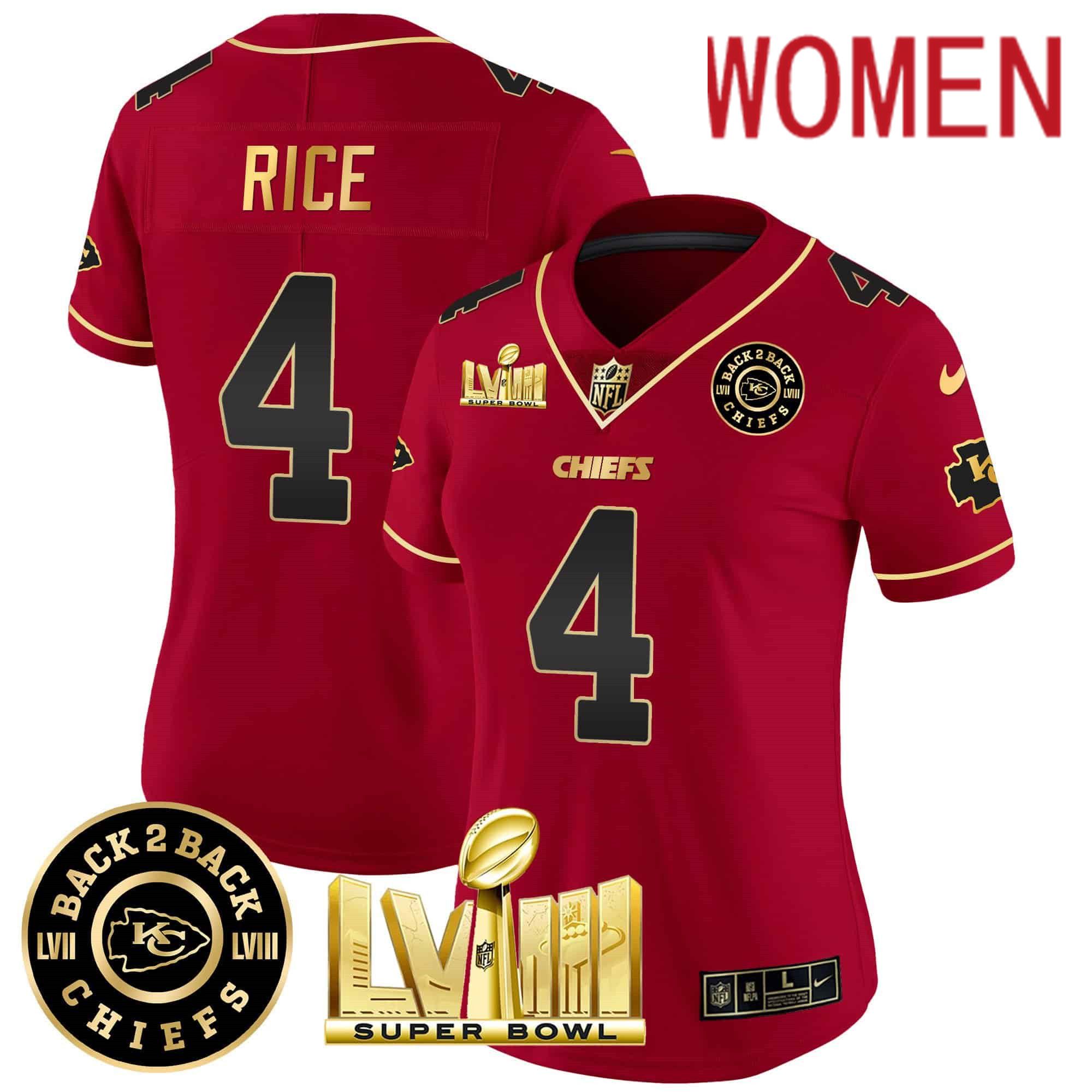 Women Kansas City Chiefs #4 Rice Red 2024 Nike Super Bowl LVIII & Back-2-Back Patch Vapor NFL Jersey style 2->women nfl jersey->Women Jersey